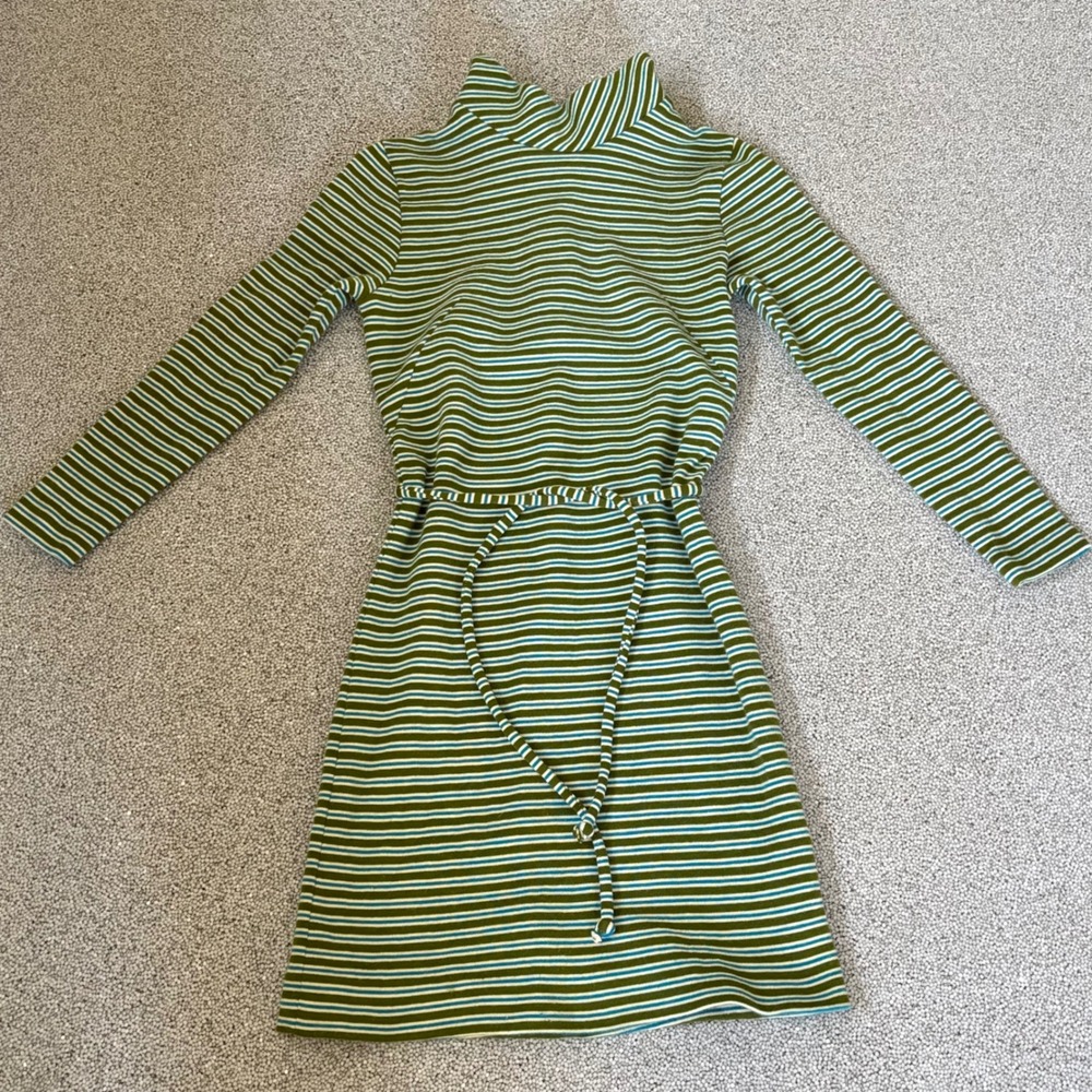 Vintage 70's Striped Knit Dress Womens S Marcia Brady Green Blue Mock Mod Retro